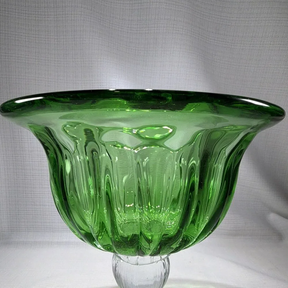 Vtg Green Glass Compote Dish Clear Pedestal Ribbed Centerpiece Bowl (6.75